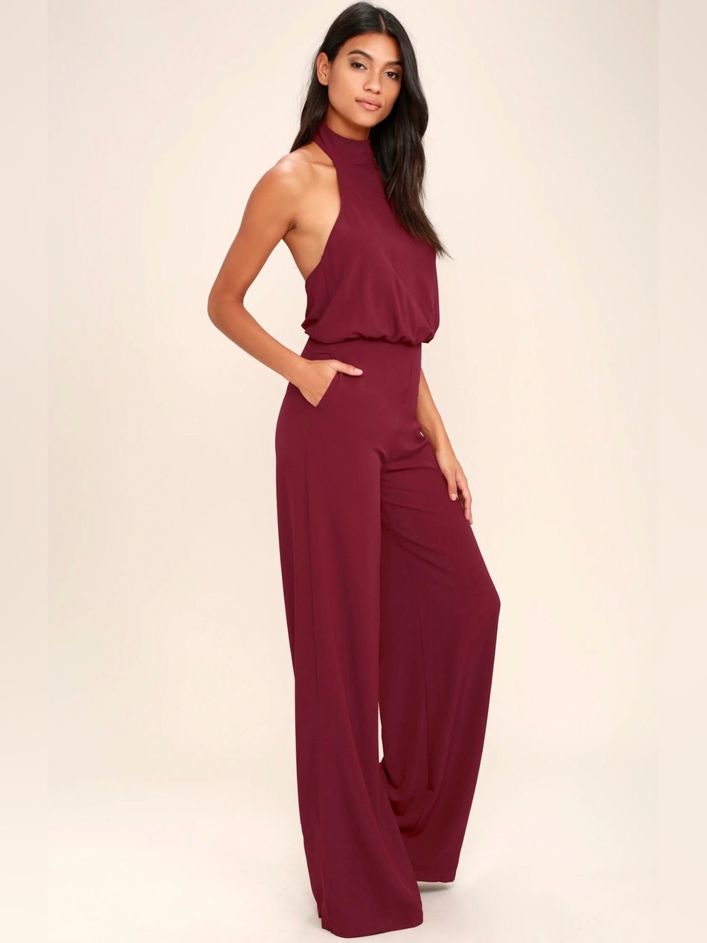 Lulu's Moment for Life Wine Red Halter Jumpsuit XS Cocktail NWT